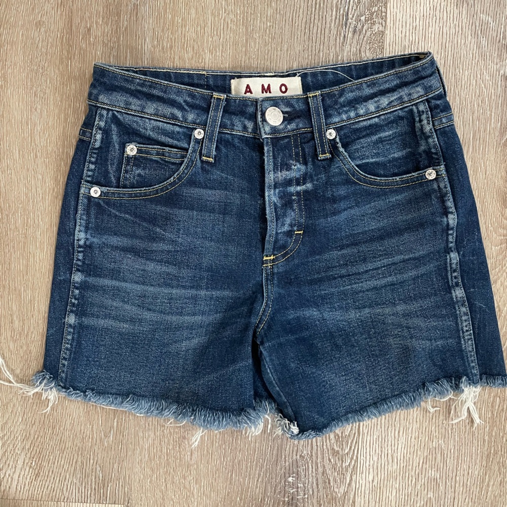 AMO Babe True Blue Frayed Hem Jean Shorts Size 25